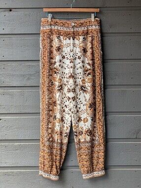 Anthropologie Boho Scarf Brown Tan Cream Printed Jogger Pants Size 6